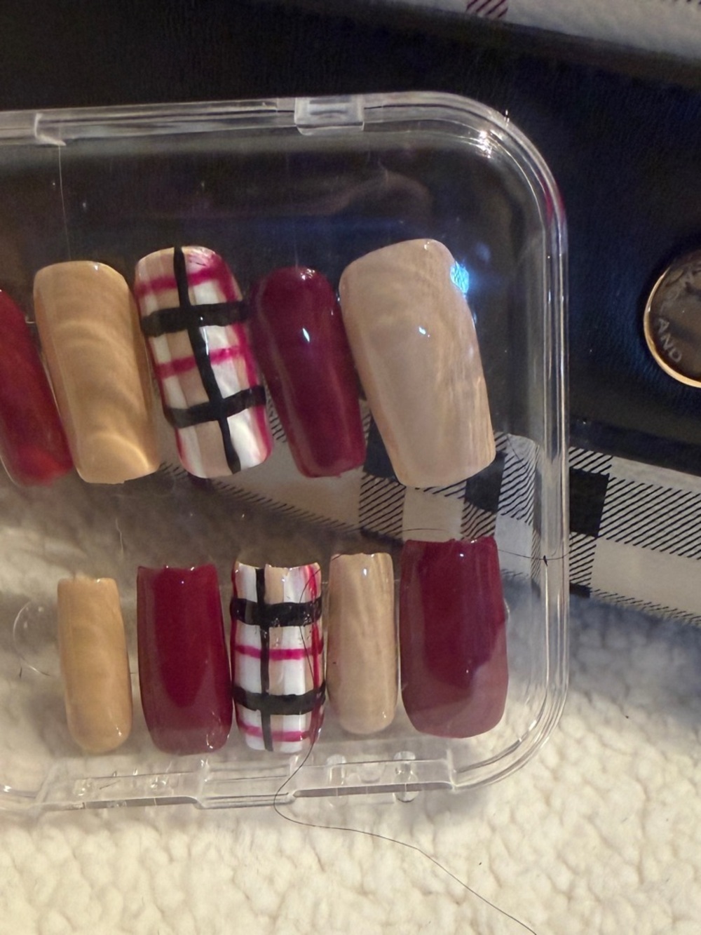 Burgundy & Nude Plaid Press-On Nail Set